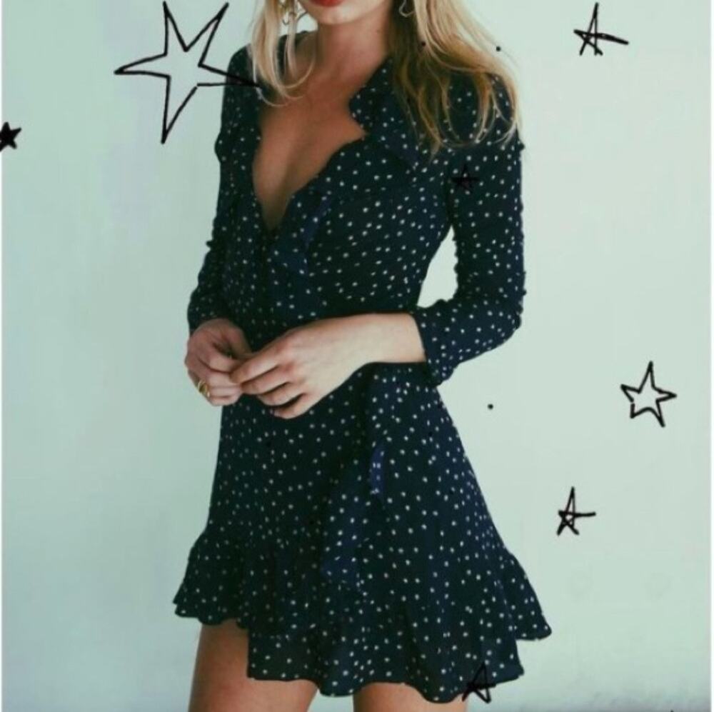 Realisation Par The Alexandra Dress Navy Star Silk Wrap Mini Ruffle XS NWT